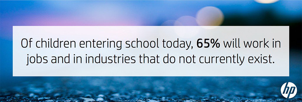 hplabs's tweet image. Of children entering school today, 65% will work in jobs and in industries that do not currently exist. hp.tl/60128pAgi