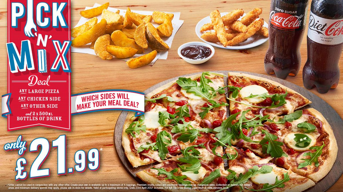 DominosStamford's tweet photo. Get any large pizza, any chicken side, any other side and 2 x 500 ml bottles of drink for only £21.99! Order now at https://t.co/9yzEyDZ3dV https://t.co/m6Lpfva9Tz