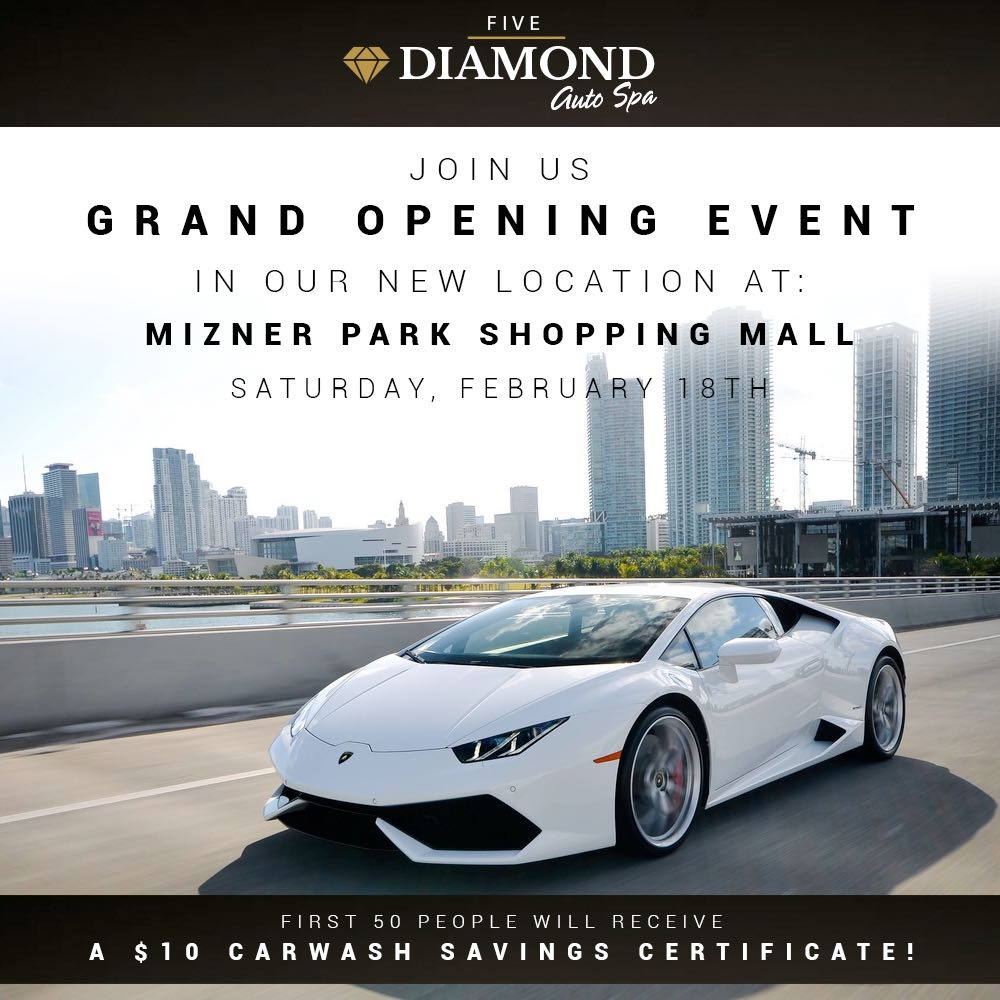Today is the Grand Opening of Five Diamond Auto Spa, located at the entrance of Garage A in Mizner Park!