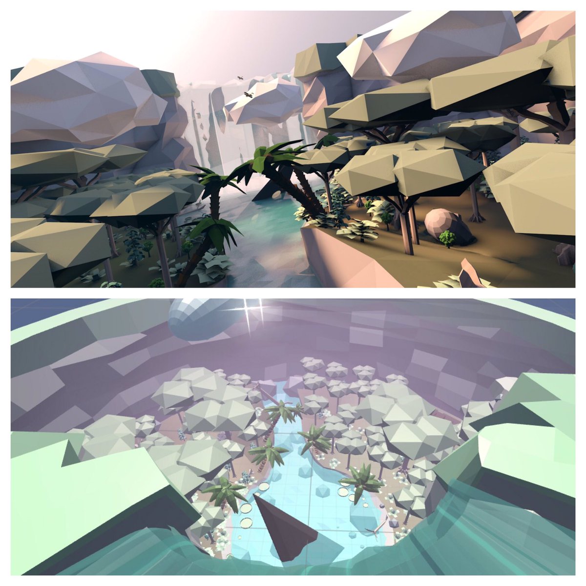 polygonandpixel's tweet photo. Top panel: concept art. 
Bottom panel: game build wip. 

#indiedev #indiegame #gamedev #screenshotsaturday #C4D #madewithunity https://t.co/v7iVITxo20