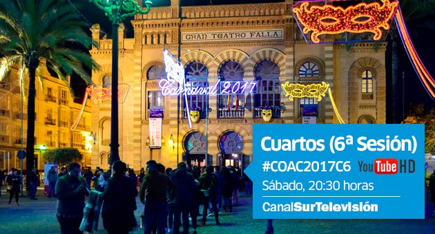 canalsur's tweet photo. Ya empieza la 6ª sesión de Cuartos del #COAC2017C6 en #CanalSurTV. Síguenos también en Internet vía #YoutubeHD 🔴 https://t.co/dS8Rk07wle https://t.co/d9tyXJtkOi