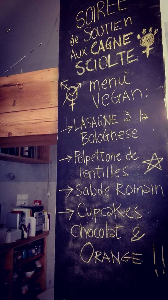 Repas de soutien à l'espace occupé transféministes des Cagne Sciolte de Rome à la Rôtisserie ce soir, voici le menu.