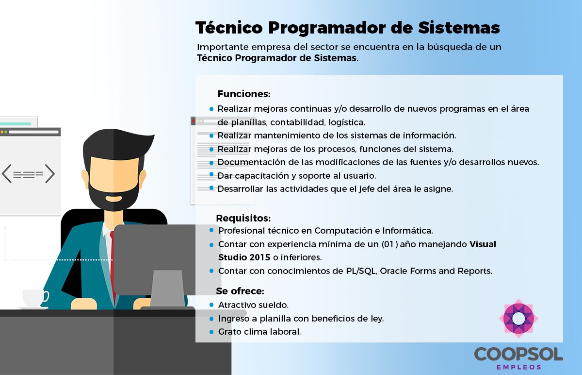 CoopsolEmpleos's tweet photo. Oportunidad de #trabajo.Se requiere:técnico Programador de Sistemas.Postula aqui: https://t.co/cxGshclNMd 
#Perú #empleo #programador https://t.co/0aiGmkSHUs