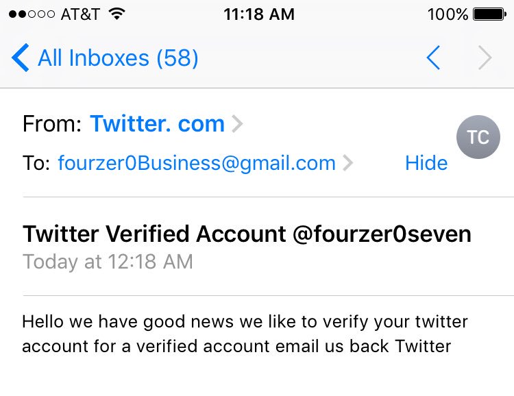 fourzer0seven's tweet photo. Hell yeah! Gettin verified by this not sketchy at all email! https://t.co/qMbTWEWd1G