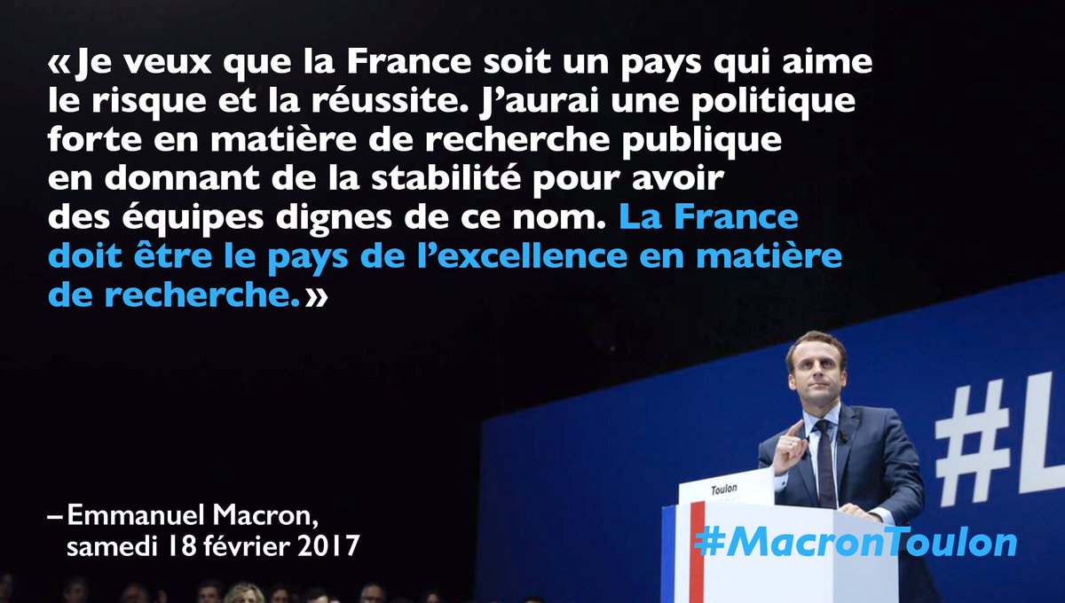 EmmanuelMacron's tweet photo. J’aurai une politique forte pour la recherche publique. La France doit être le pays de l��excellence en la matière. #MacronToulon https://t.co/C3SXVBxHSi
