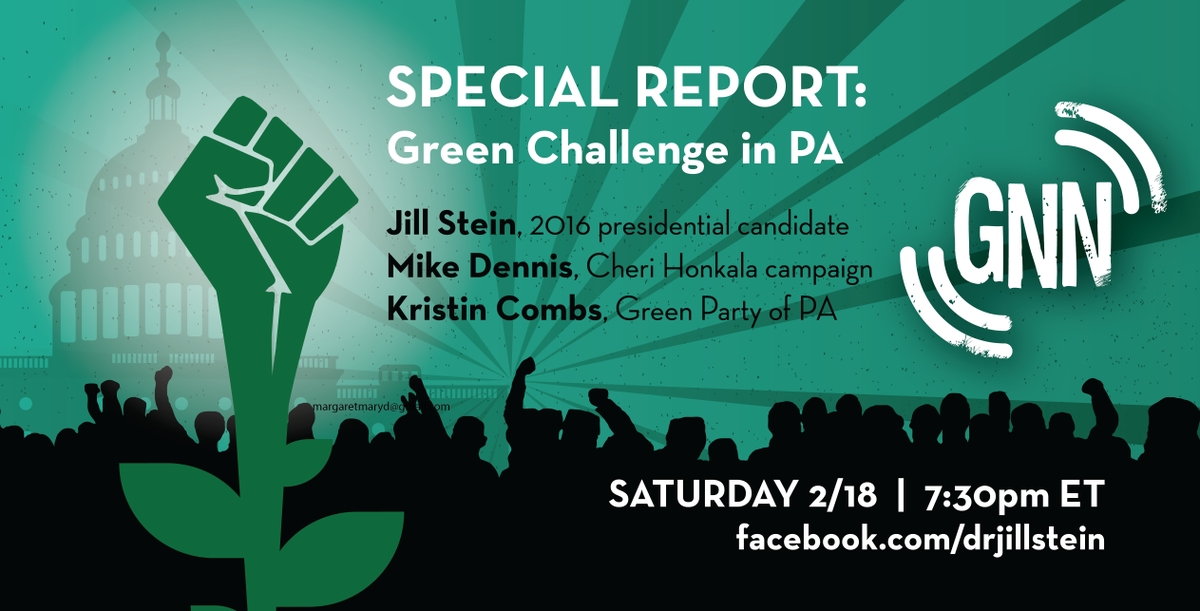 DrJillStein's tweet photo. Tune in to GNN at 7:30pm ET tonight for a special live roundtable from Philly on electoral challenges in PA! https://t.co/0B6NJLNY5j https://t.co/xZ9klVa0Zt