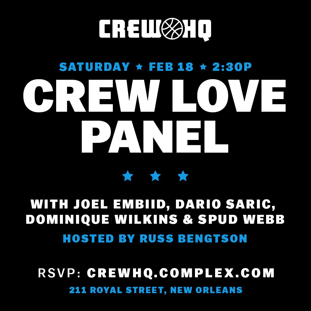 Catch me today at 2:30 p.m. on the Crew Love Panel with @JoelEmbiid @DWilkins21 @SpudDunks at All Star Weekend's Crew HQ! https://t.co/PjLpO1eD71