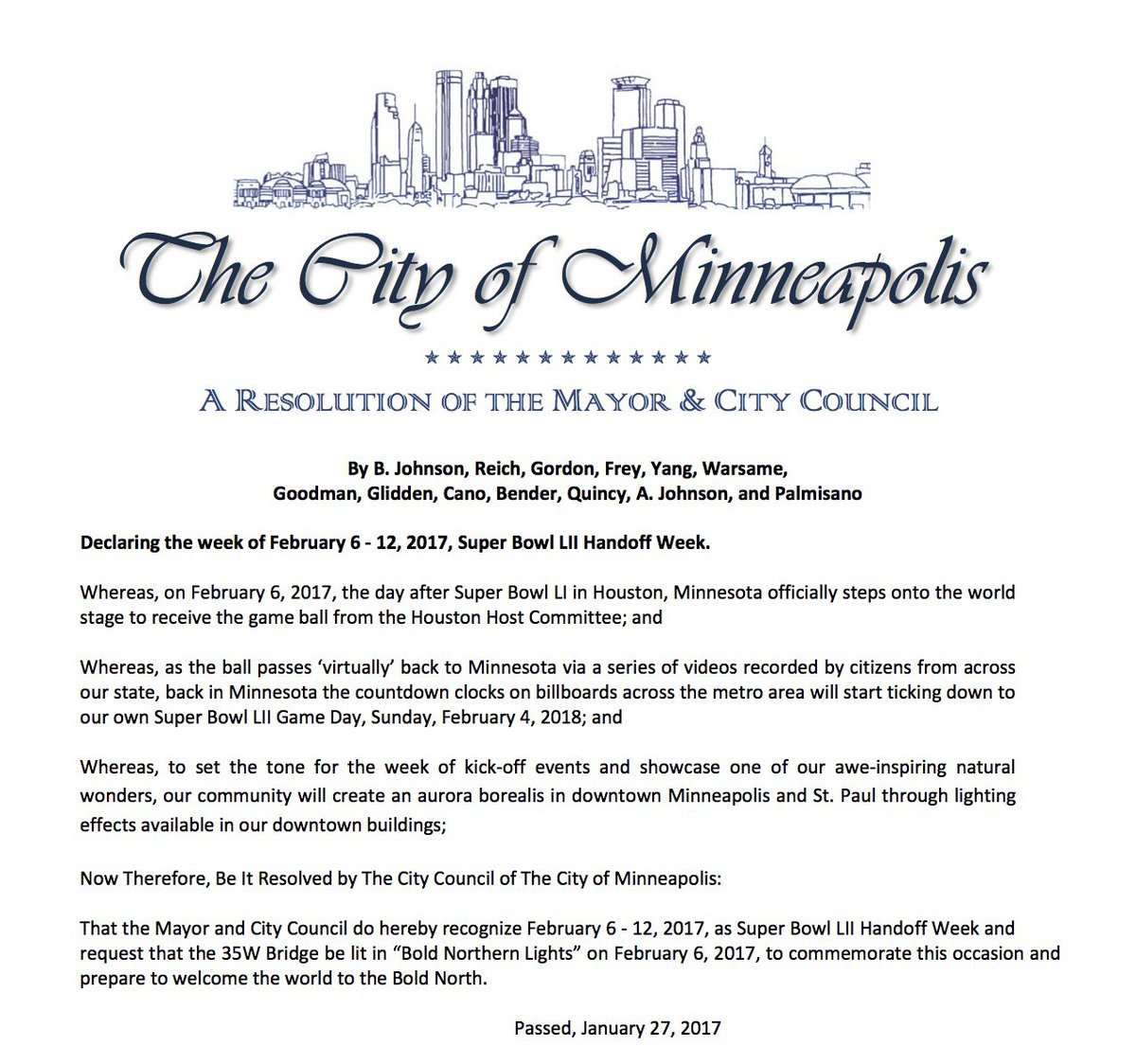 CityMinneapolis's tweet photo. Feb. 6-12 is recognized as Super Bowl LII #HandoffWeek. The 35W Bridge will be lit in “Bold Northern Lights” on Feb. 6. #SB52 https://t.co/8UyLwn8tyG