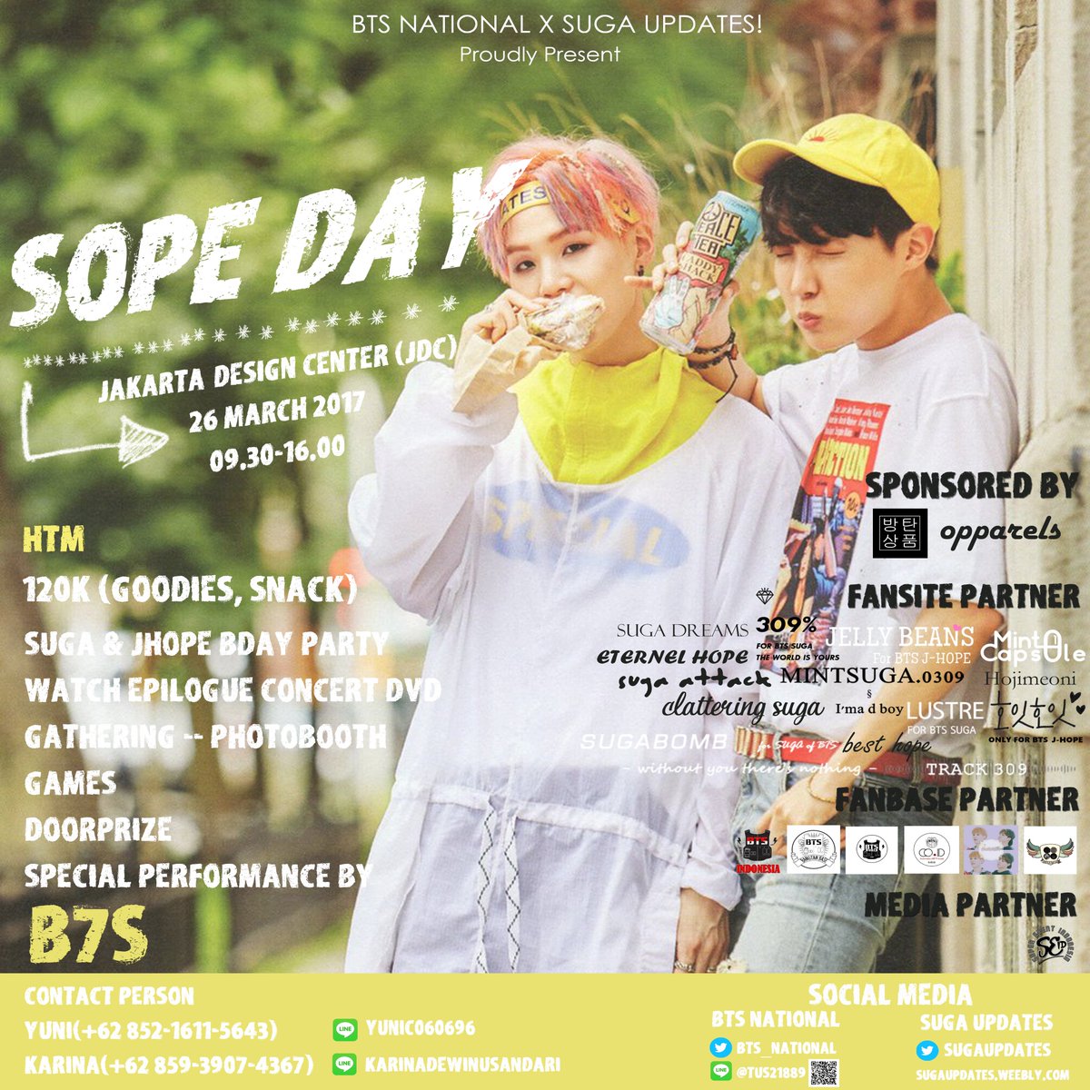 BTS_National's tweet photo. [ 2017 JHOPE &amp; SUGA BIRTHDAY PROJECT W/@sugaupdates ] Come and join in our project! "SOPE DAY" 🎉. For order tix chat CP.

note :Just for INA https://t.co/jUnm1YVisT