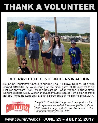 dauphincfest's tweet photo. Dauphin's @Country_Fest Thanks a Volunteer Group - The BCI Travel Club for their work at #cfest2016 https://t.co/teufwRIsuS #Volunteer https://t.co/7fpuvW5UqY
