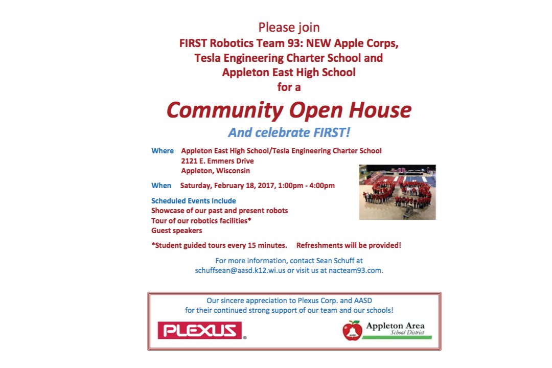 The community is invited to the Team 93 Robotics Open House! These students are awesome!
<a href="/teslacharter/">Tesla Charter</a> <a href="/NACTeam93/">NAC Team 93</a>