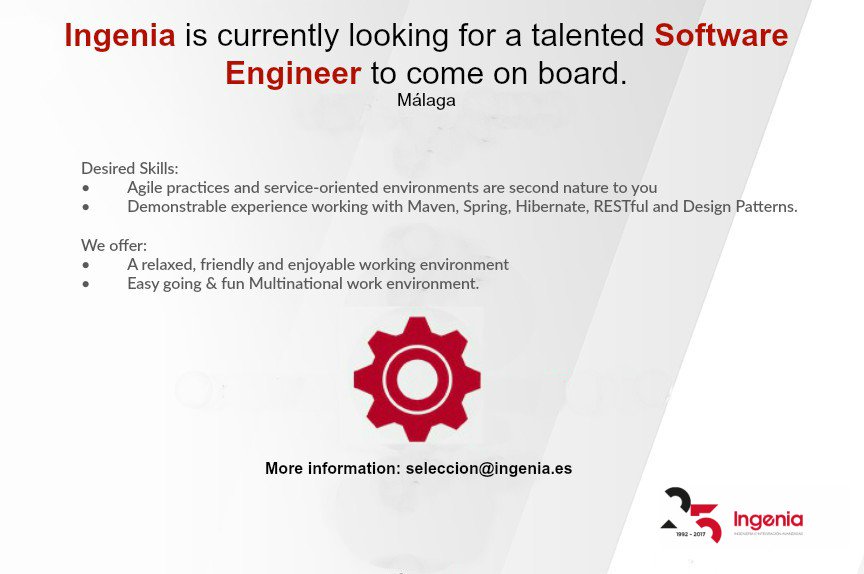 Ingenia_es's tweet image. @Ingenia_es is looking for a Software Engineer #backend #seniorJava #empleoMálaga ow.ly/HVpM308kN3n
