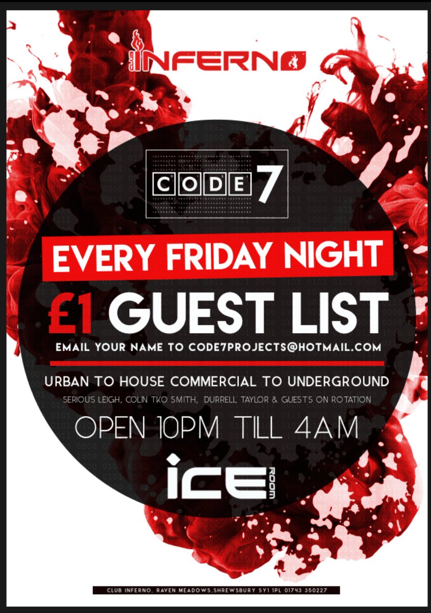 Code7projects's tweet image. This Friday night @infernoshrews  get your name on £1 GuestList or pay £5 entry all night! Amazing drinks promo
