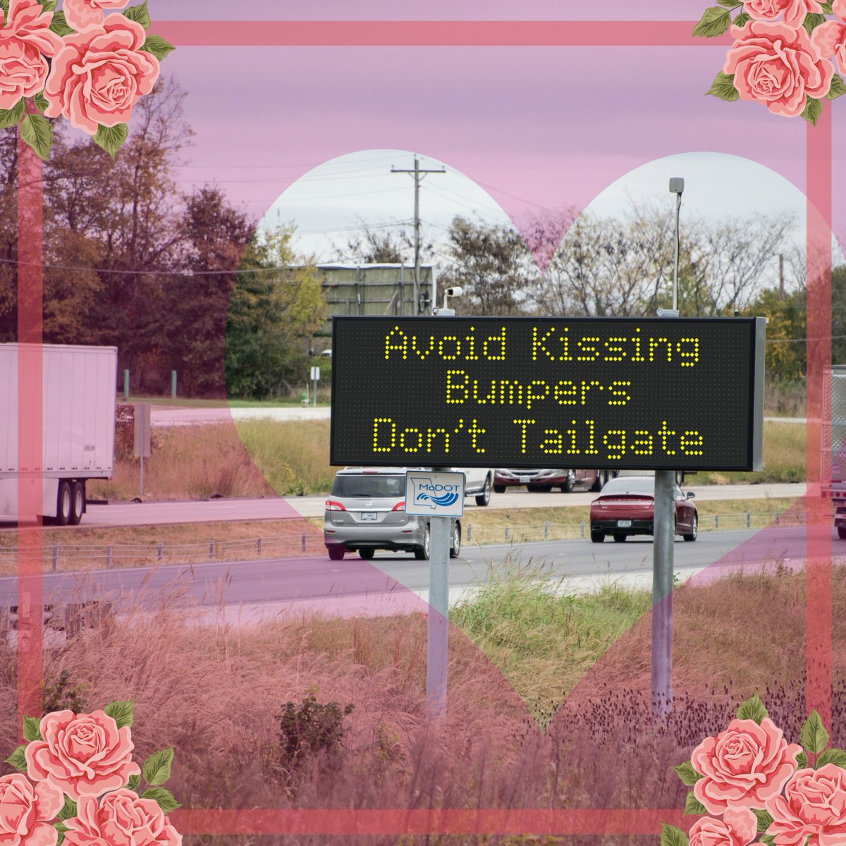 MoDOT's tweet image. Choose an object ahead, as the vehicle ahead of you passes it count to 3. If you reach the object before counting to 3 you're too close!