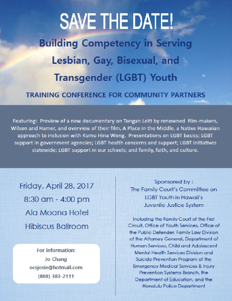 #savethedate! #buildcompetence #trainingconference #documentary #kumuhina #LGBTQ #youth
April 28, 8:30a-4:00p