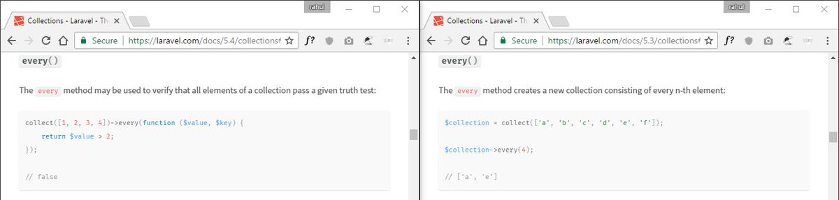 rahuktu's tweet image. #Laravel The every() method in Laravel Collections are different in #Laravel53 and #Laravel54
#WhyLaravelWhy ??