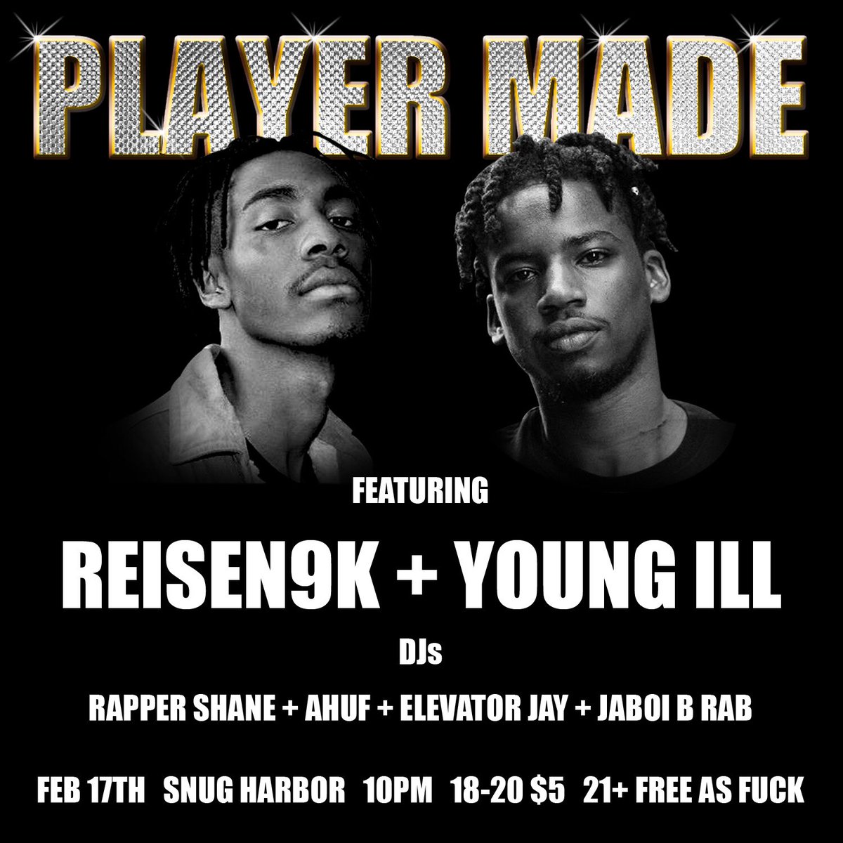 playermaderadio's tweet photo. Friday, Feb 17th we goin up another level w/ @HeyYoungiLL @reisen9k & @777KYOTE #WePlayerMade 🍾🎲🎲🍾 https://t.co/0718o2Utpp