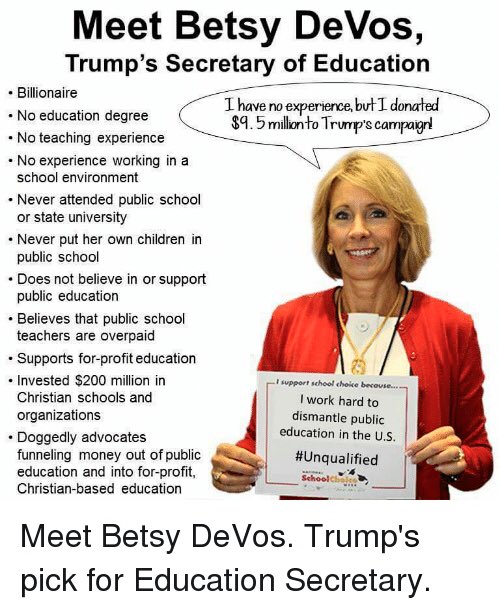 TheRickyDavila's tweet image. Betsy DeVos is a dangerous threat to public education and the education of America's children. #StopDeVos #Unqualified