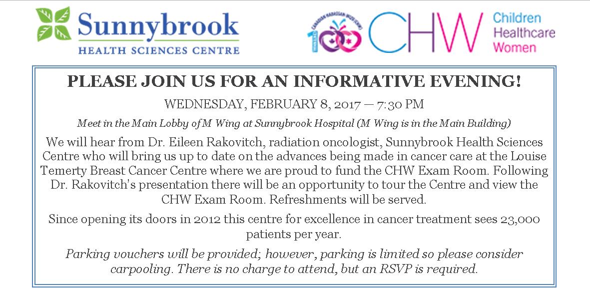 CHWToronto's tweet photo. Reminder about our General Meeting at Sunnybrook Hospital this Wednesday! To RSVP call Toronto Centre. https://t.co/Z0riestmBK