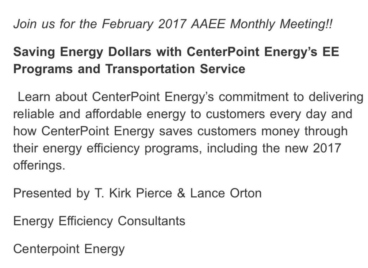 Join us Wed 2/15 for our next monthly meeting. Presentation will focus on energy efficiency programs at Centerpoint <a href="/energyinsights/">Africa Energy Insights</a>