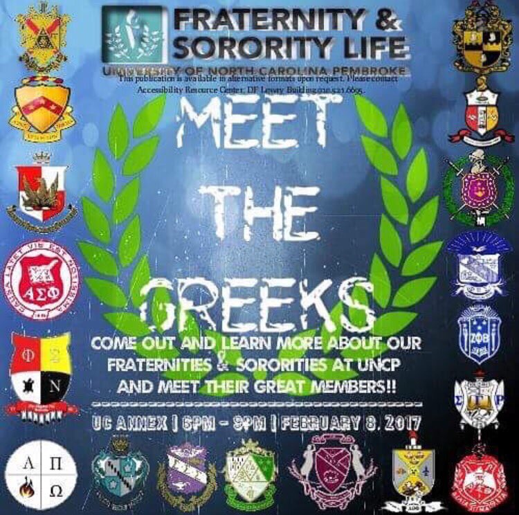 alphasigs_UNCP's tweet photo. Come out to meet the Greeks February 8, 2017.  6-9pm in the UC Annex https://t.co/z2O49neKbT
