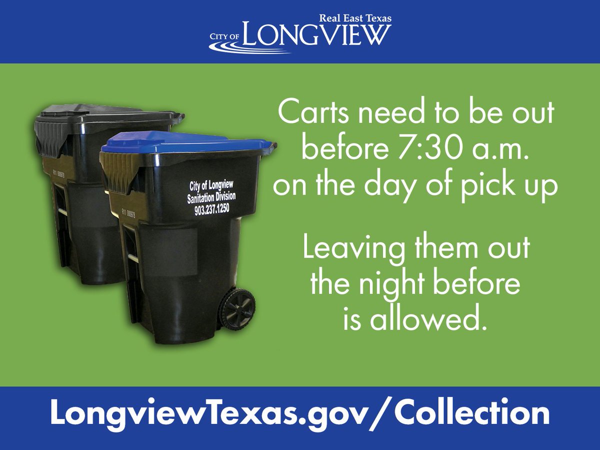 CityofLongview's tweet photo. Have your trash cart out by 7:30 am. You can even leave it out the night before. Just shut the lid. #TrashTips https://t.co/FMNsU27oCP