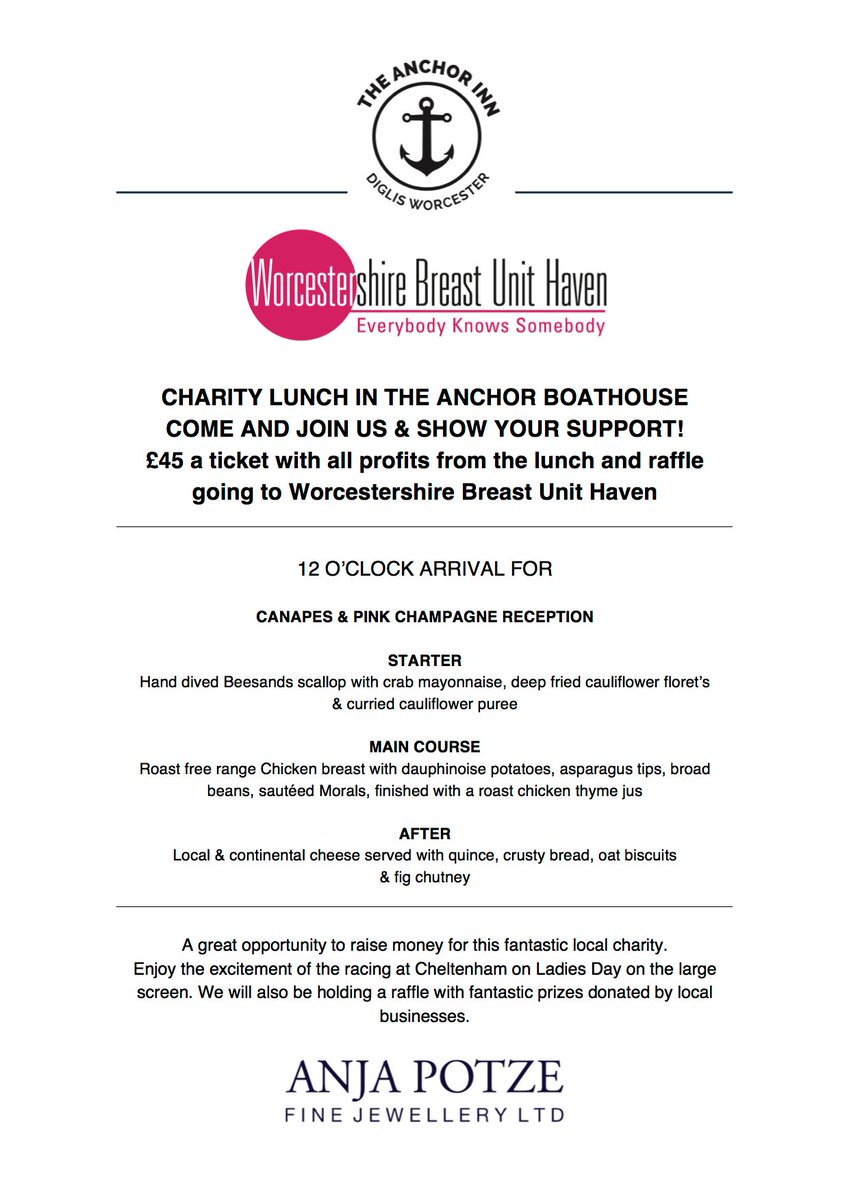 Ladies &amp; Gents join us for Ladies Day! 15th March for 3 Course Lunch Champagne reception &amp; Raffle proceeds to <a href="/wbuhaven/">Worcs Breast Unit</a> #WorcestershireHour
