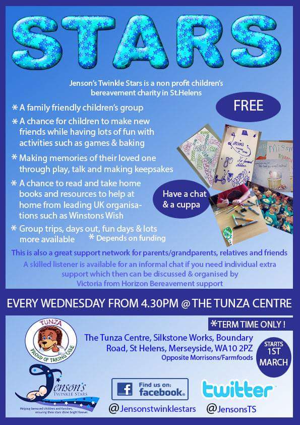 JensonsTS's tweet image. #sthelenshour S.T.A.R.S Children's group is bk! FREE! 1st March! Every WEDNESDAY! @tunzacentre #TeamJenson #bereavedchildren #sthelens
