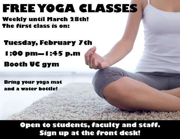 BoothUC's tweet photo. Reminder: Free #Yoga starts up again tomorrow! Sign up at the front desk. #BoothUC #LifeAtBooth https://t.co/3FzhAnKATI