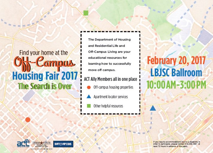 Join us Feb. 20 for the annual off-campus living fair. Find resources, free giveaways, and your next home! @TXST_OffCampus