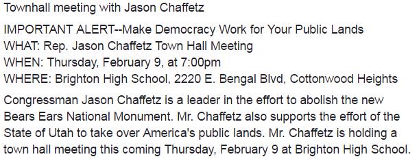 ScienceMarchSLC's tweet photo. Reminder Rep. Jason Chaffetz townhall Thursday Feb 9. #utah #sciencemarchslc #resist #speakout #supportpubliclands #mondaymotivation https://t.co/rQ6oKSqtIa