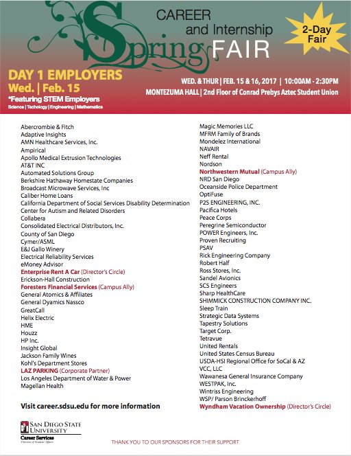 SDSUSLL's tweet photo. Greetings!
The Spring Career &amp; Internship Fair is in two weeks!
Wed. &amp; Thurs., Feb. 15* &amp; 16
10am -2:30pm
At Montezuma Hall, Student Union. https://t.co/B09MBJiJ3g