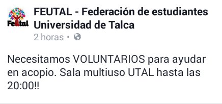r_cancinoc's tweet photo. Todas las manos todas...si todas sirven todas urgen ...La #FEUTAL requiere voluntarios para seleccionar ayuda llegada este sábado #Talca https://t.co/viI2ZY6Kde
