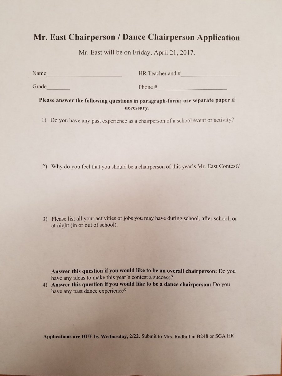 Mr. East Chair Ladies APPLICATIONS ARE OUT!!

Find them @ SGA office next to library or print this picture out.

Due Feb. 22!!