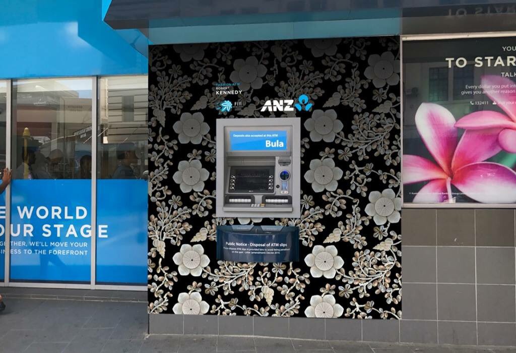 FashionCFiji's tweet photo. 3rd unveil of our #ANZFashionATMs features #RobertKennedyFiji prints from his #BaraviCollection at Tappoo City ANZ Branch. #ANZFETA #ANZFiji https://t.co/YzGhMVPtzK