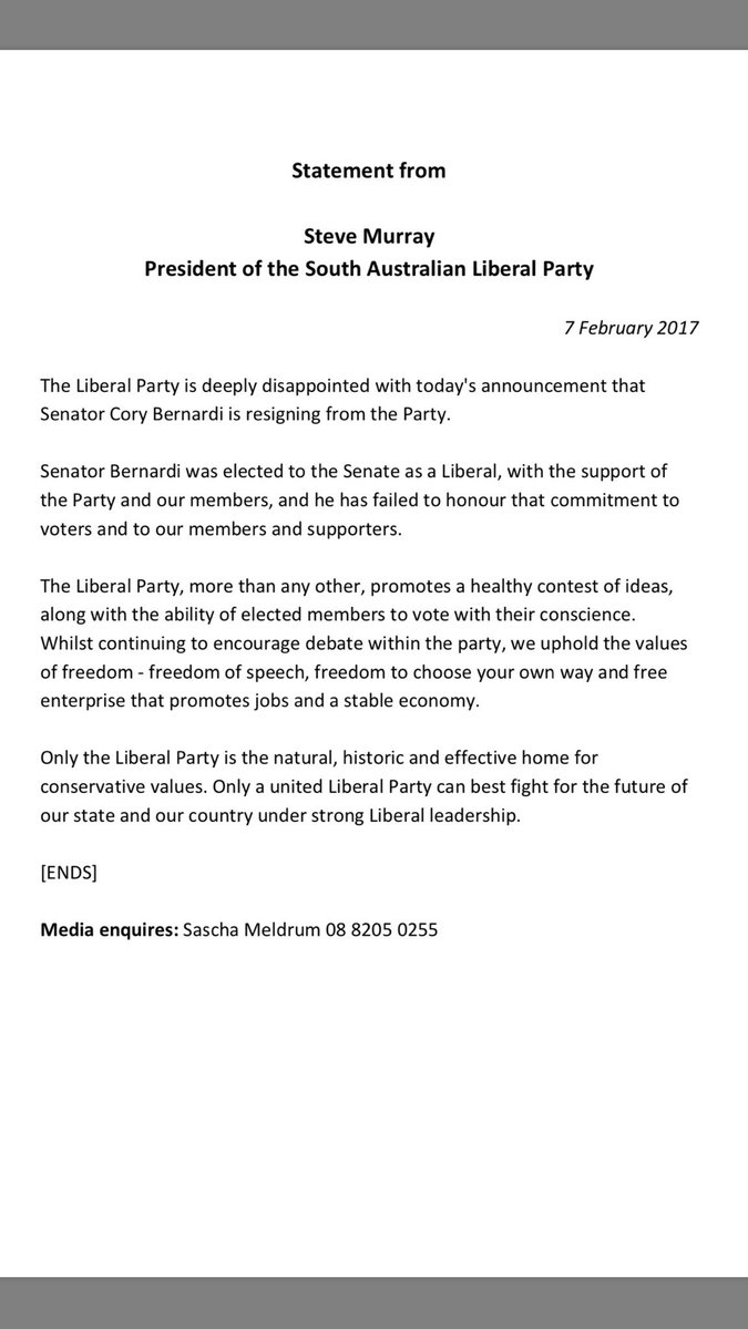 tony_nutt's tweet photo. Statement from @LiberalSAHQ President Steve Murray re Bernardi #auspol https://t.co/0ZfBapsXD9