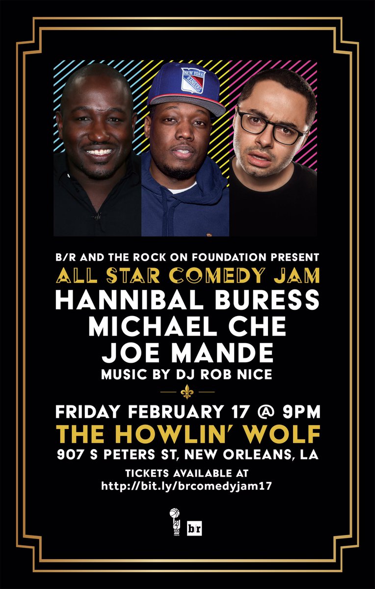 RockOnFdn's tweet photo. .@hannibalburess, Michael Che, @JoeMande &amp; more at our All-Star Comedy Jam w @BleacherReport  2/17 in NOLA. Get tix: https://t.co/jsrHeeL8Br https://t.co/0d95ikXFpm