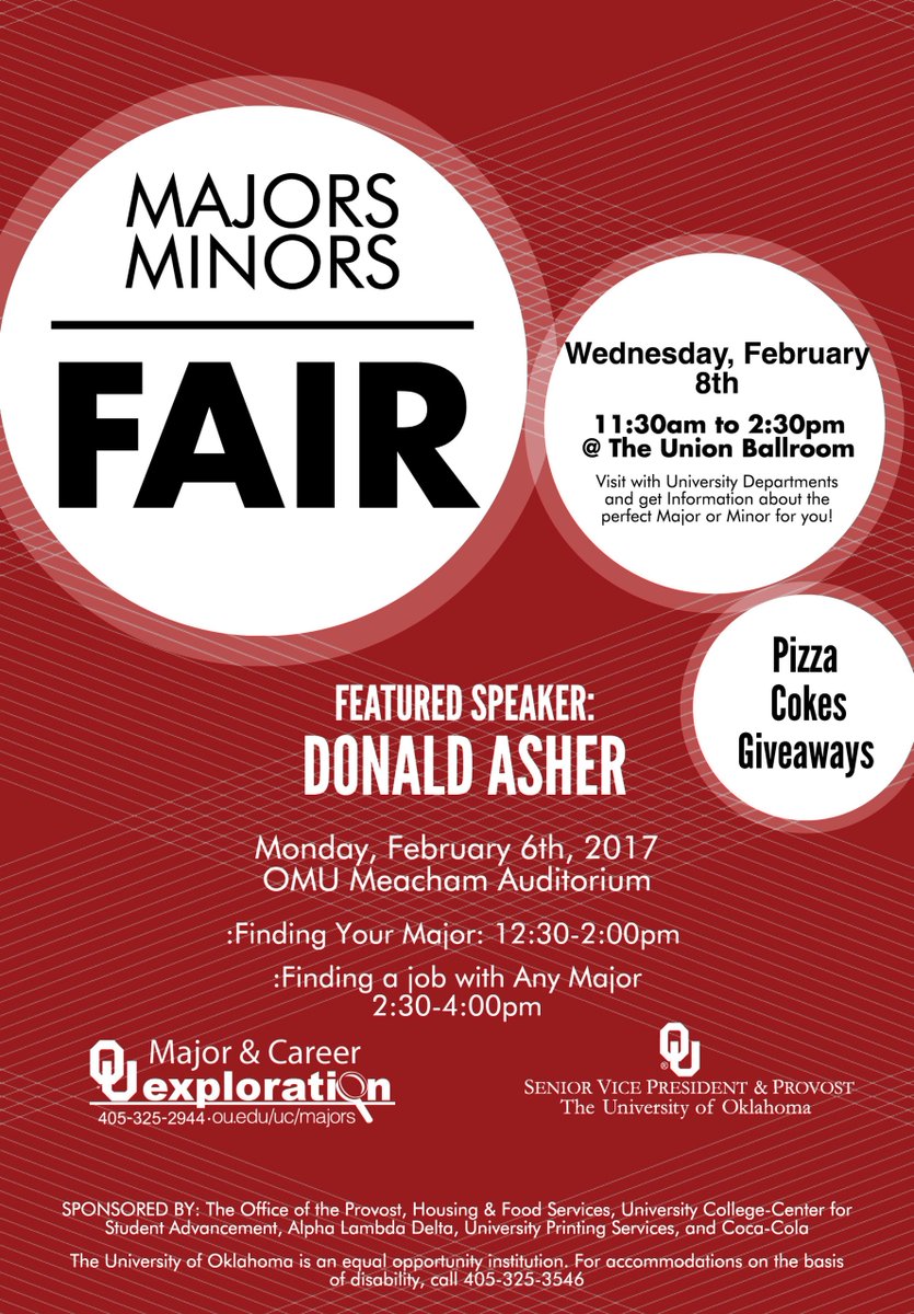 ou_asc's tweet photo. Plan to attend the Majors Minors Fair from 11:30 am - 2:30 pm on Wed., Feb. 8th in the Union Ballroom! #FreeFood #Giveaways https://t.co/7JcPwm2Ujb
