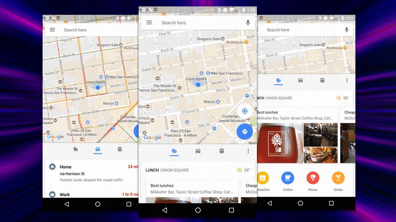 lifehacker's tweet photo. Google Maps update adds traffic, transit, and nearby location info all in a handy bar at the bottom of the app: https://t.co/zHplDUvp2K https://t.co/svNYrd57wI