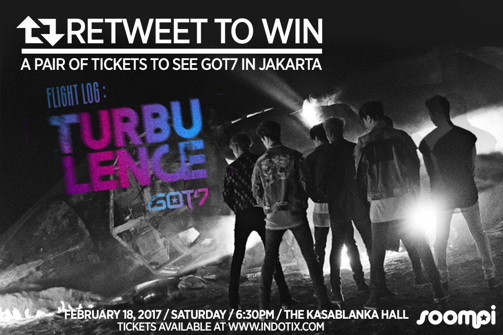 soompi's tweet photo. [JAKARTA] RT to win 2 tickets to see #GOT7inJKT! Enter by 2/10 11:59PM KST. Must be following @soompi to win 👍 https://t.co/D7pefgalZZ