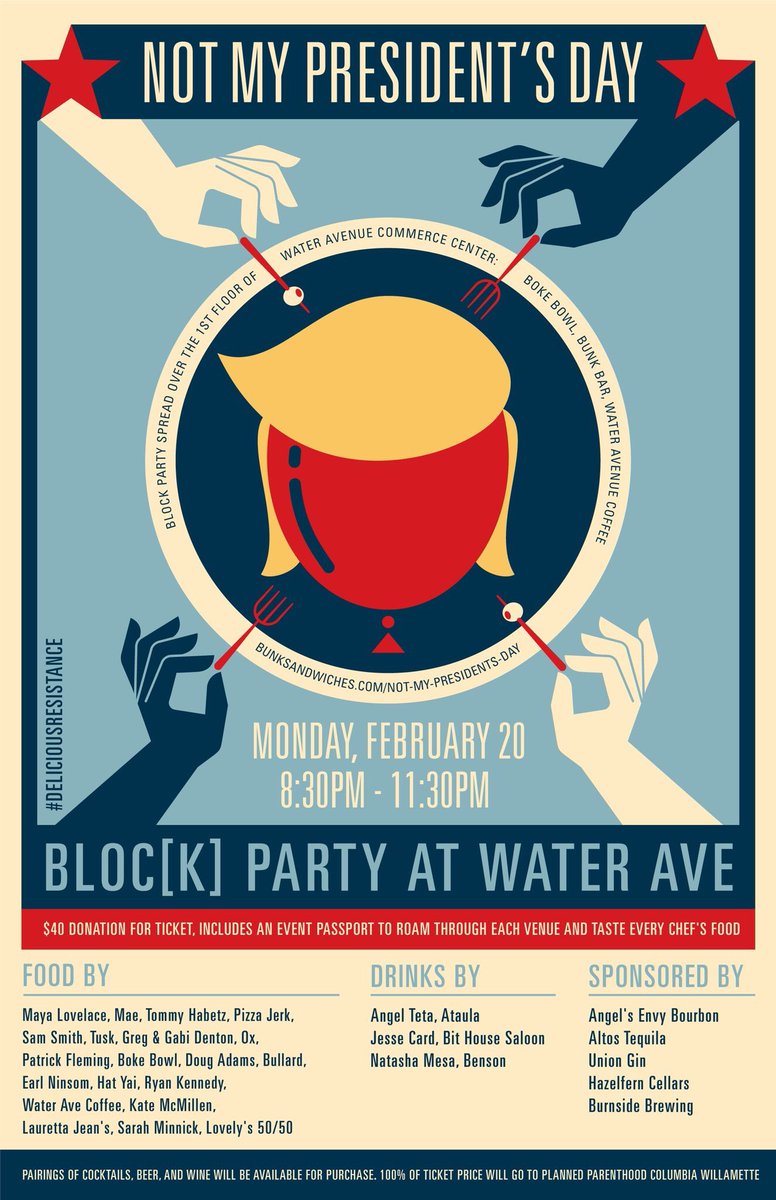 theknow's tweet photo. #NotMyPresidentsDay w/ @bokebowl @bunksandwiches @DouggieAdams +++ more dug #pdxchefs w/100% to #PlannedParenthood. #deliciousresistance https://t.co/Oh4Avxh2iF