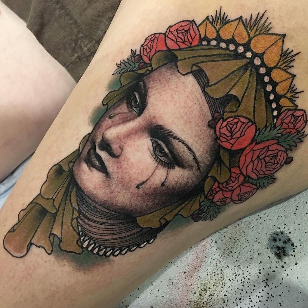 Black And Red Crying Girl Portrait Tattoo