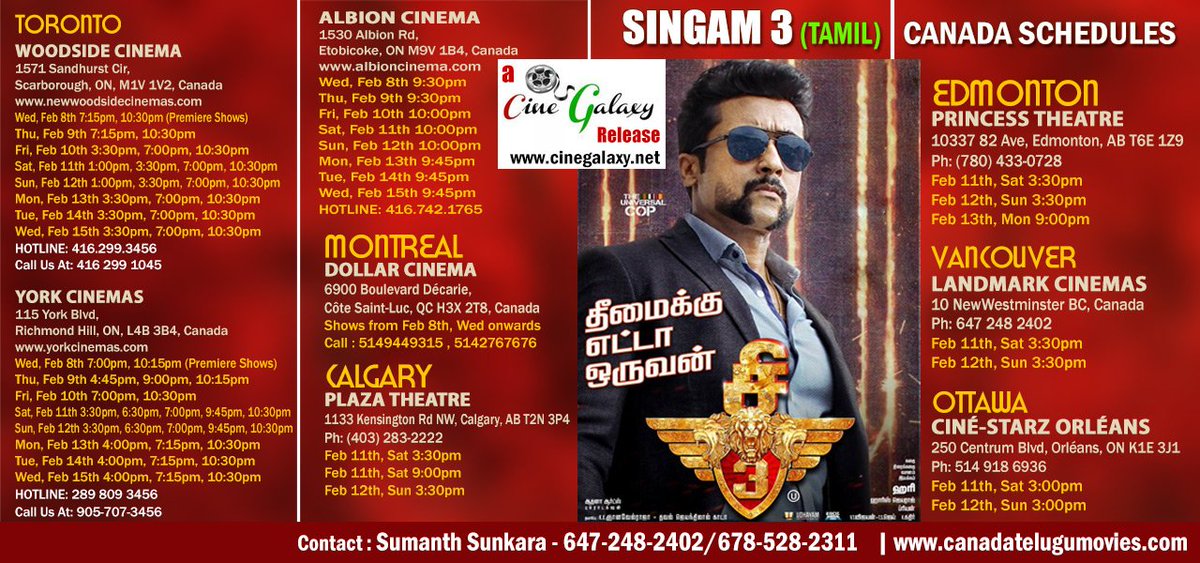 jimmytg619's tweet image. #Singam3 (Tamil) Canada schedules, GTA Premieres on Feb 8, Wed at woodsdie,york & albion cinema @Suriya_offl @shrutihaasan @rajsekarpandian