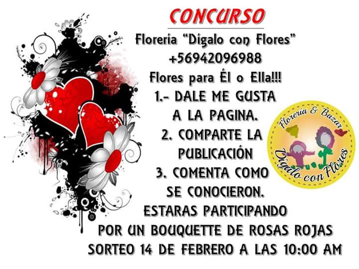 Digaloconflorez's tweet photo. CONCURSO
Florería “Dígalo con Flores” +56942096988
Flores para Él o Ella!!
DIGA CON FLORES LO QUE SIENTES POR ESA PERSONA ESPECIAL https://t.co/AevXOnNH0j