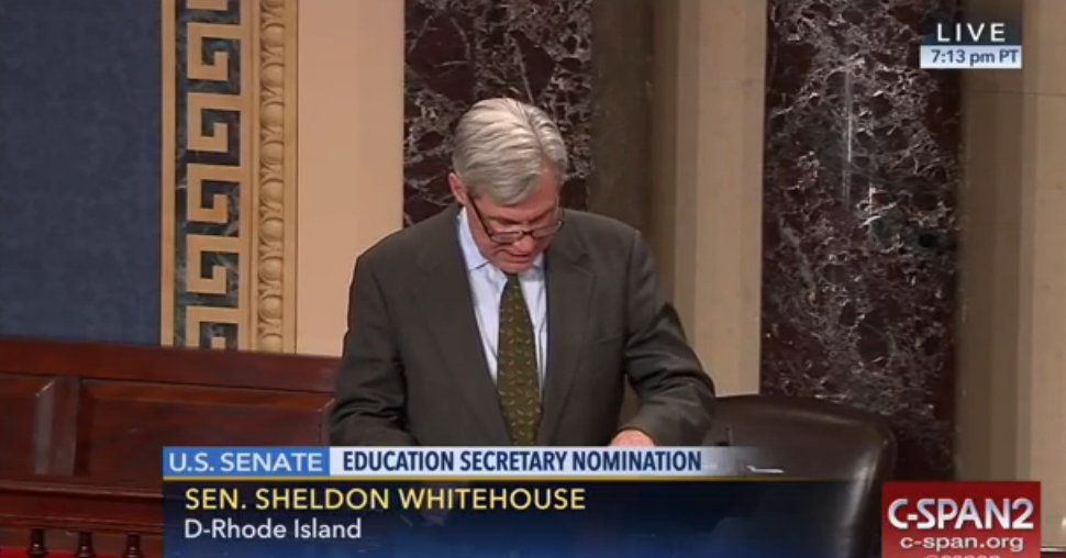 .@SenWhitehouse is reading letters from Rhode Islanders. He says messages against DeVos outnumber those for her more than 100-1. #DumpDeVos