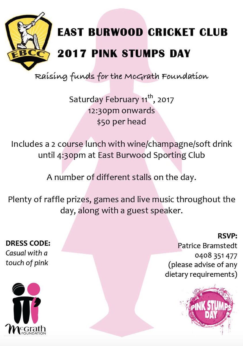 Massive day at <a href="/eastburwoodcc/">East Burwood CC</a> this Sat 11th Feb!
Past Players and <a href="/McGrathFdn/">Mcgrathfdn</a> Pink Stumps Day while the first XI take on <a href="/ZebrasCC/">Forest Hill CC</a> <a href="/BHRDCA/">BHRDCA</a>