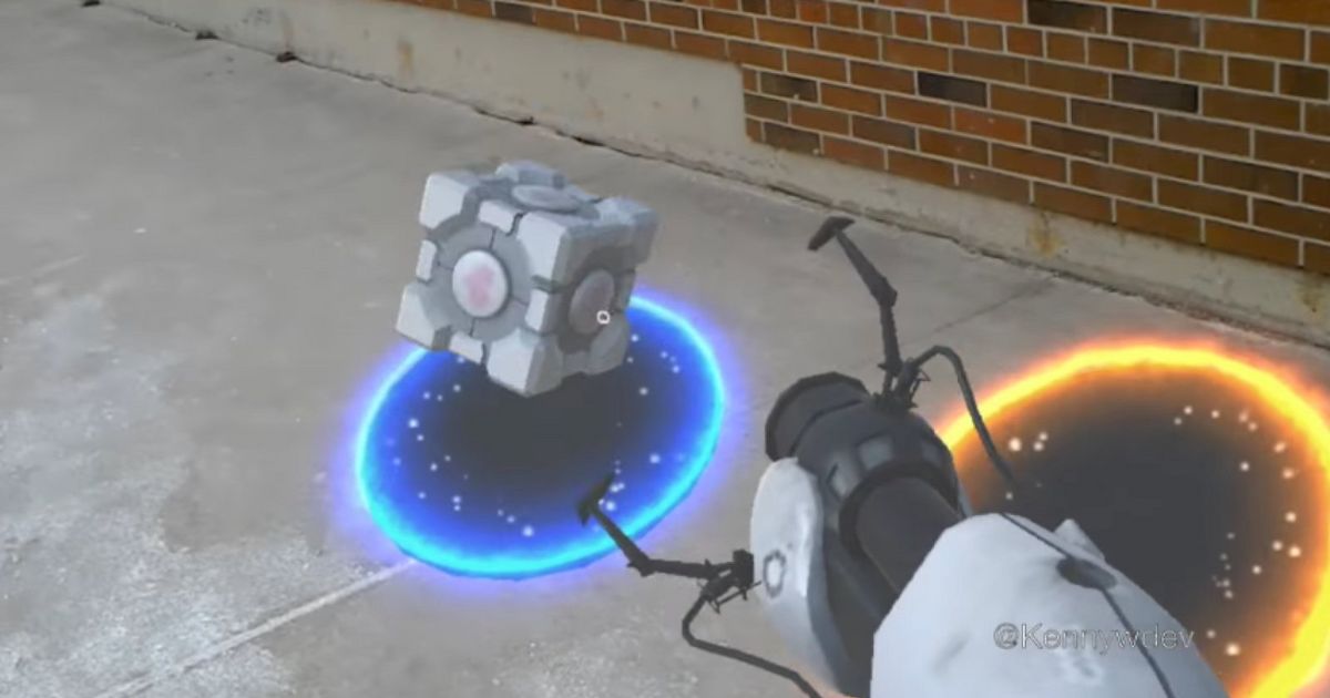 engadget's tweet photo. The HoloLens version of 'Portal' jumps right into the real world https://t.co/9KKIRsayge https://t.co/XDcByhZEy2