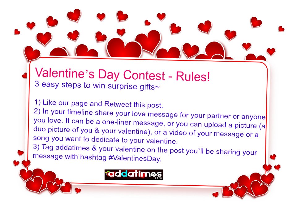 addatimes's tweet photo. #ContestAlert tweeps~ Take part in our #ValentinesDay contest &amp; win surprise gifts for you &amp; your partner!
Here's what you need to do 👇 https://t.co/O1ALa6KAhn