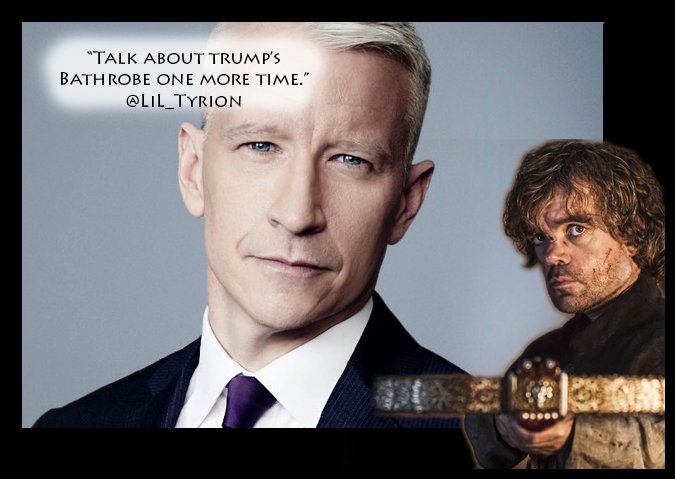 LiL_Tyrion's tweet photo. #TrumpBathrobe     ComeOn #andersoncooper    You can do better then #bathroomBanter. https://t.co/MN38gVChGu