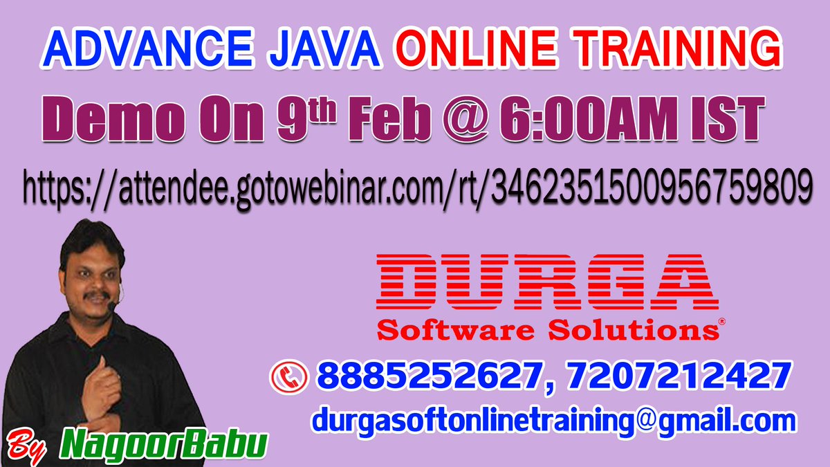 durgasoftonline's tweet image. New #Advance_Java Online Training By Mr NagoorBabu #Durgasoft Demo On 9th Feb 2017 @6:00AM IST
attendee.gotowebinar.com/rt/34623515009…
